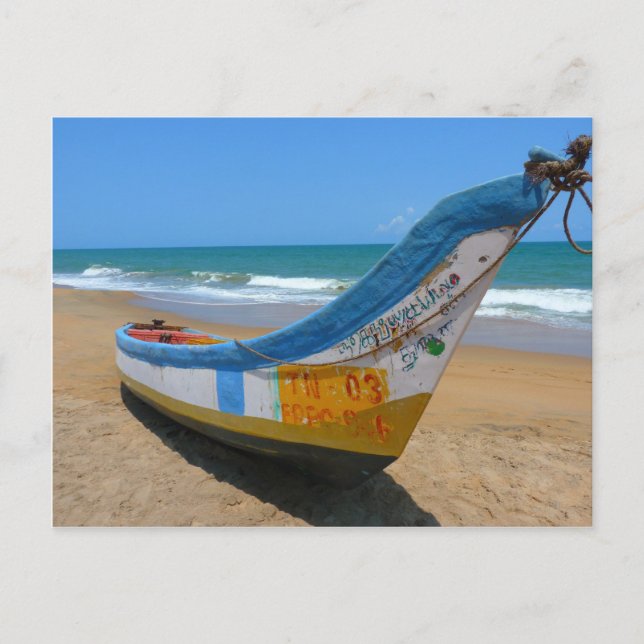 Colorful Boat on Sandy Beach Ocean Scene Postcard (Front)