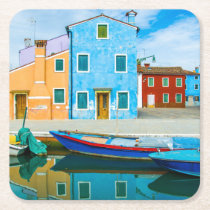 Colorful Boat Scene |Venetian Lagoon Square Paper Coaster
