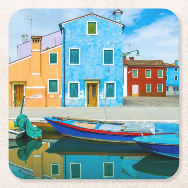 Colorful Boat Scene |Venetian Lagoon Square Paper Coaster (Front)