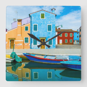 Colorful Boat Scene Venetian Lagoon Square Wall Clock