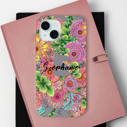 Colorful Bohemian Blooms  Name and Initial iPhone 15 Case