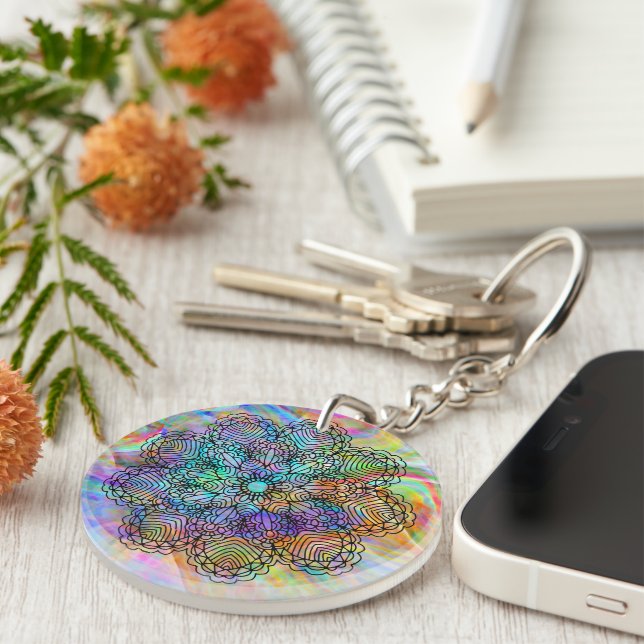Colorful Bohemian Chic Mandala Flower Pattern Keychain (Front Right)