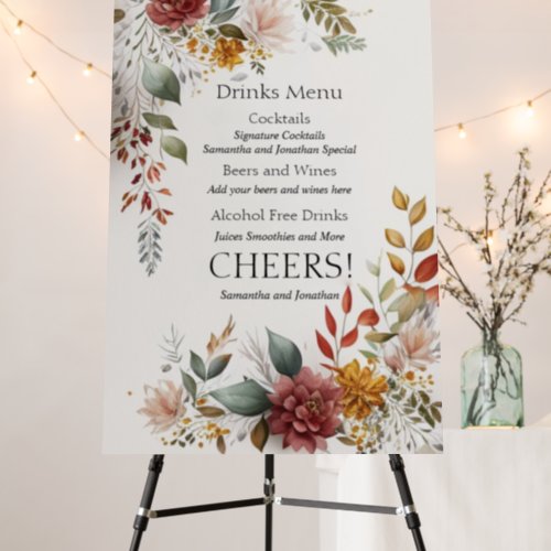 Colorful Bohemian Floral  Wedding Drinks Menu Sign
