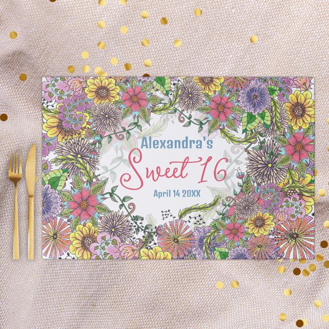 Colorful Bohemian Florals Sweet 16 Paper Placemat (Creator Uploaded)