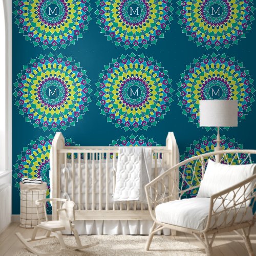 Colorful Bohemian Flower with Custom Monogram Wallpaper