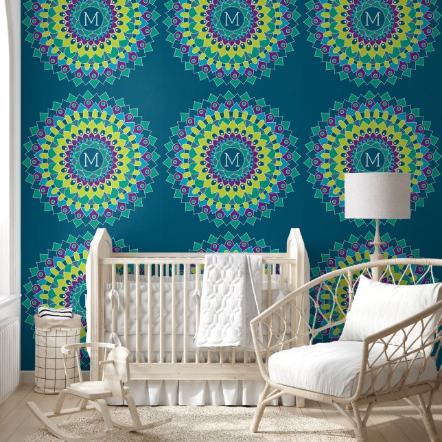 Colorful Bohemian Flower with Custom Monogram Wallpaper (Kids)