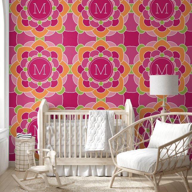 Colorful Bohemian Flower with Custom Monogram Wallpaper (Kids)