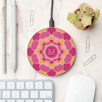 Colorful Bohemian Flower With Custom Monogram Wireless Charger by iphone_ipad_cases at Zazzle