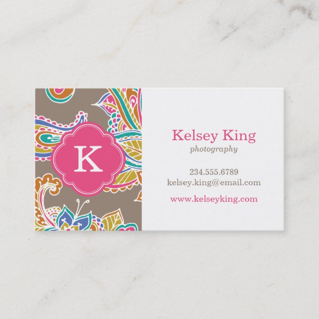 Colorful Bohemian Paisley Henna Custom Monogram Business Card (Front)