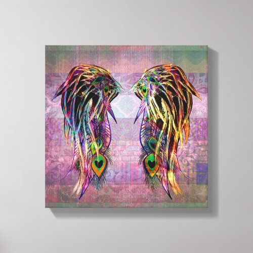 Colorful Bohemian Peacock Feather Angel Wings Canvas Print
