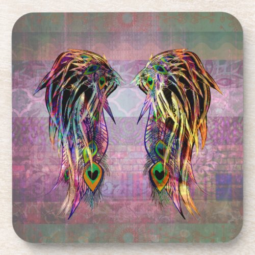 Colorful Bohemian Peacock Feather Angel Wings Coaster