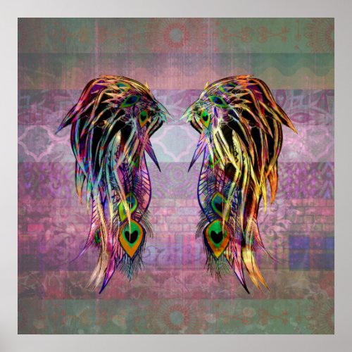 Colorful Bohemian Peacock Feather Angel Wings Poster
