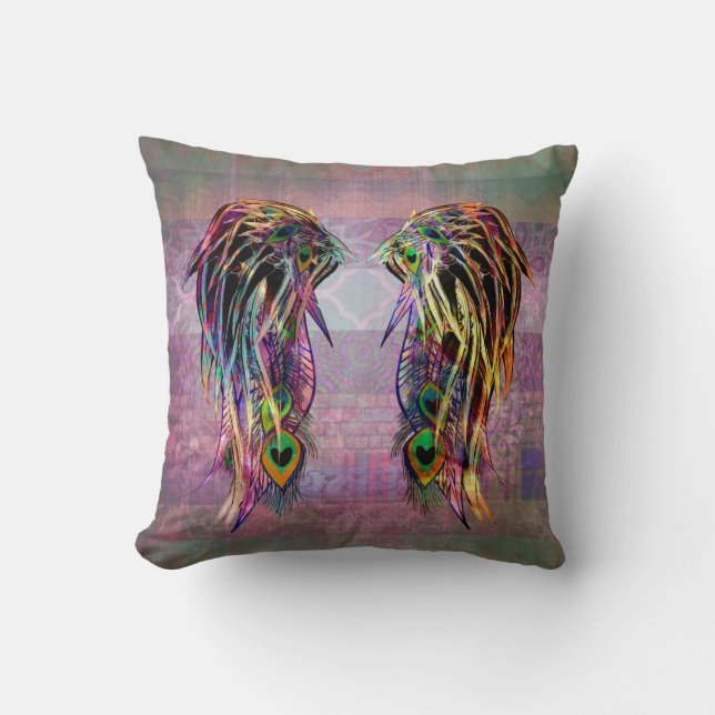 Colorful Bohemian Peacock Feather Angel Wings Throw Pillow (Front)