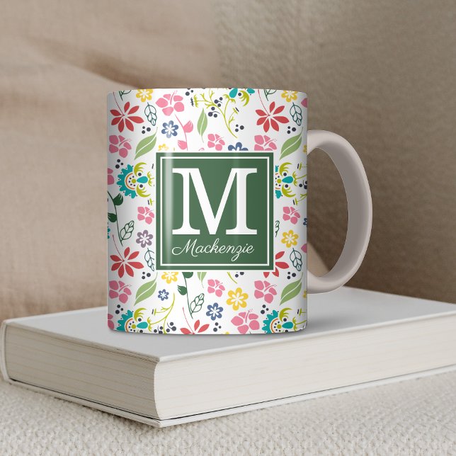 Colorful Bohemian Spring Flowers Green Monogram Coffee Mug (Colorful Bohemian Spring Flowers Green Monogram Coffee Mug)