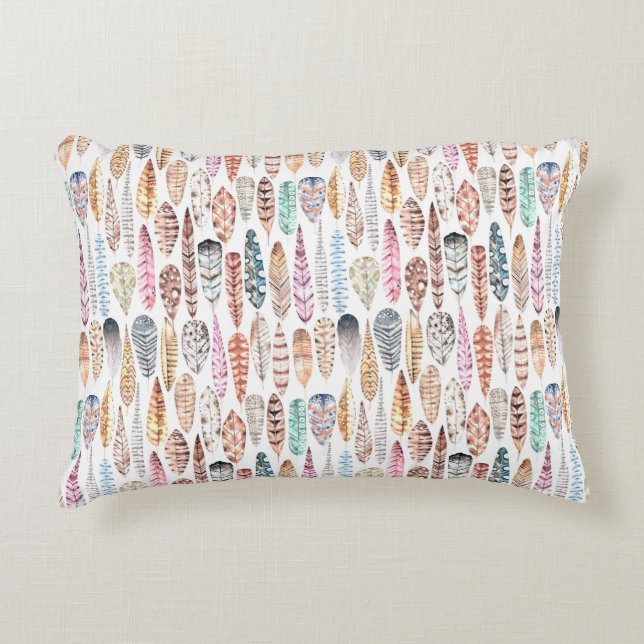 Colorful Bohemian Tribal Watercolor Feathers Accent Pillow (Front)