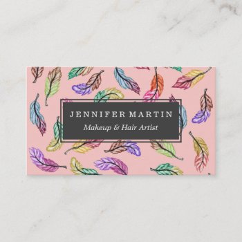 Colorful Bohemian Watercolor Feathers Pattern Business Card by BlackStrawberry_Co at Zazzle