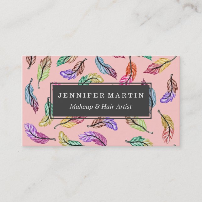 Colorful Bohemian Watercolor Feathers Pattern Business Card (Front)
