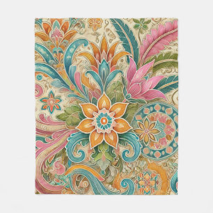 Colorful Boho Batik Floral Botanical Watercolor Fleece Blanket