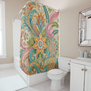 Colorful Boho Batik Floral Botanical Watercolor Shower Curtain
