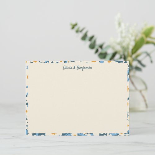 Colorful Boho Blue and White Floral Personalized Note Card