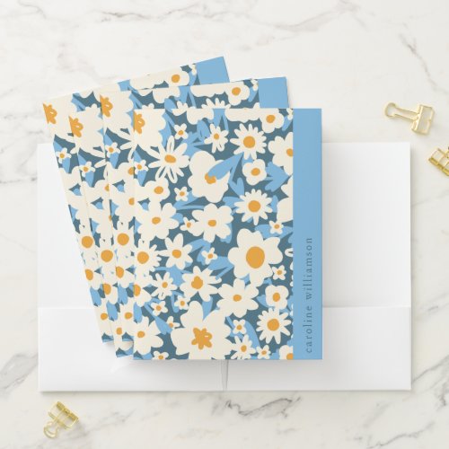 Colorful Boho Blue White Floral Personalized Name Pocket Folder