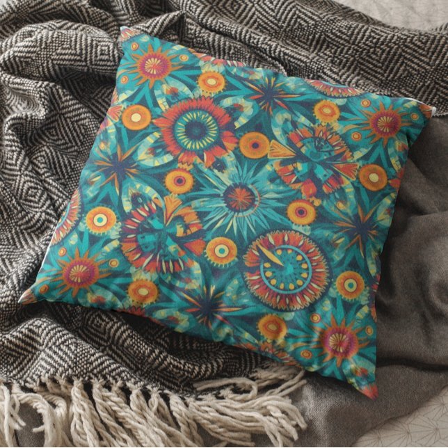 Colorful Boho Bohemian Design Orange Teal Throw Pillow (Creator Uploaded)