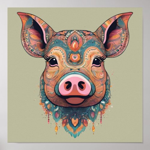 Colorful Boho Bohemian Pig Whimsical Art in Sage Poster