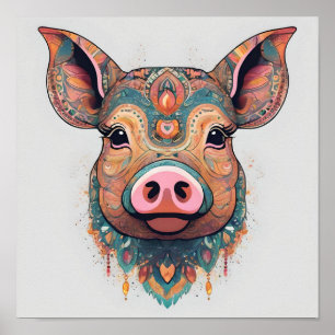 Colorful Boho Bohemian Pig Whimsical Wall Art