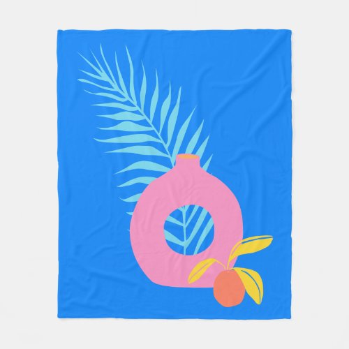 Colorful Boho Botanical Fruit Art in Bright Blue  Fleece Blanket