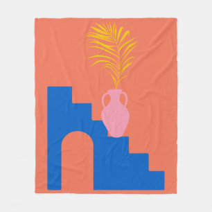 Colorful Boho Botanical Shapes in Orange and Blue Fleece Blanket