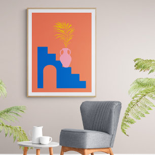 Colorful Boho Botanical Shapes in Orange and Blue Poster