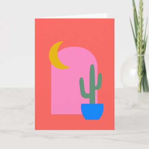 Colorful Boho Cactus Moon Shapes in Red and Pink  Note Card
