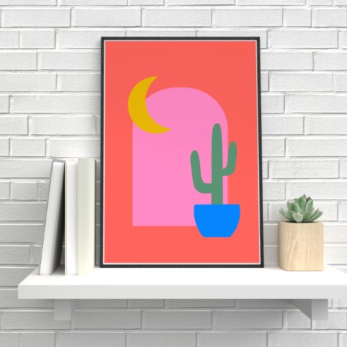 Colorful Boho Cactus Moon Shapes in Red and Pink Poster