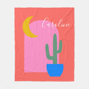 Colorful Boho Cactus Moon Shapes in Red Custom Fleece Blanket