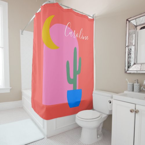 Colorful Boho Cactus Moon Shapes in Red Custom  Shower Curtain