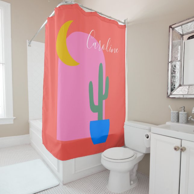 Colorful Boho Cactus Moon Shapes in Red Custom  Shower Curtain (In Situ)