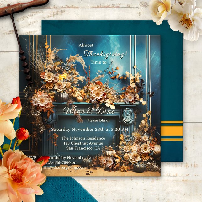 Colorful Boho Chic Thanksgiving Dinner Party Invitation (Whimsical boho chic Thanksgiving dinner party invitation, featuring flowers in a retro style room)