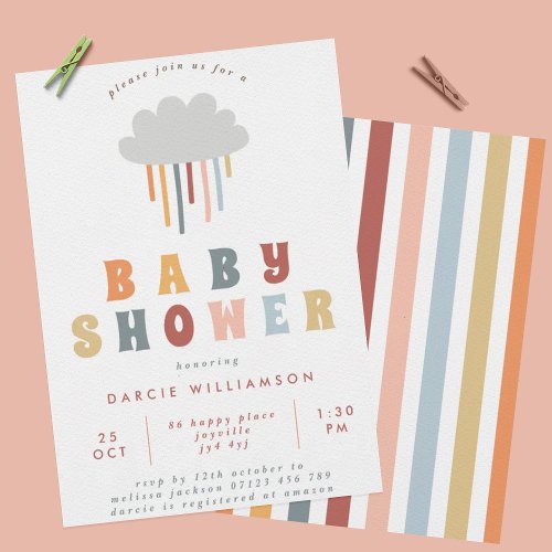 Colorful Boho Cloud Rainbow Raindrops Baby Shower Invitation
