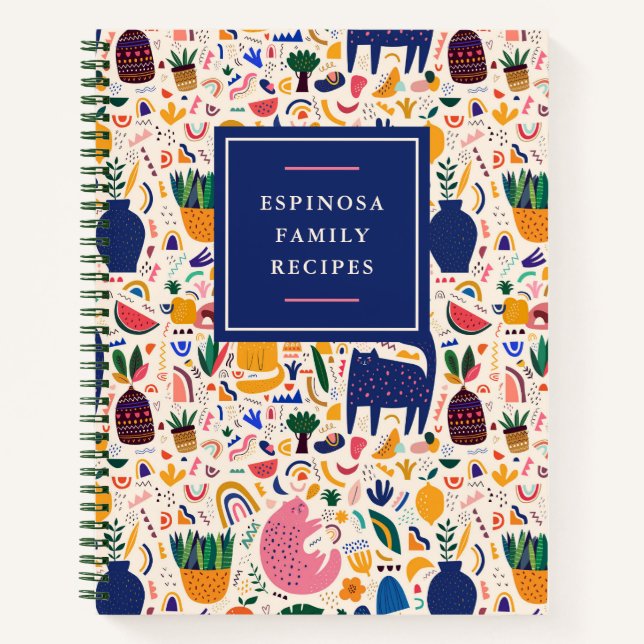 Colorful Boho Desert Cats Pattern Family Recipes Notebook (Front)