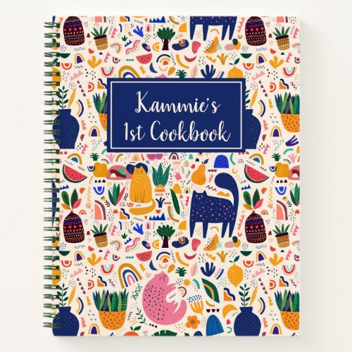 Colorful Boho Desert Cats Pattern Kids Cookbook Notebook