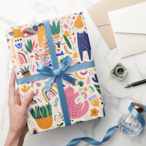 Colorful Boho Desert Cats Plants Pattern Wrapping Paper