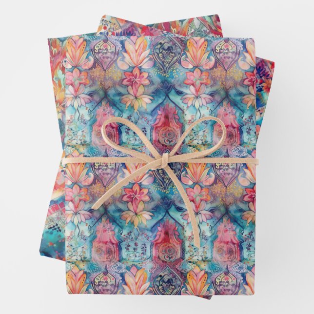 COLORFUL BOHO ECLECTIC GIFT  WRAPPING PAPER SHEETS (In situ)