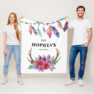 Colorful Boho Feathers and Flowers Custom Family Fleece Blanket