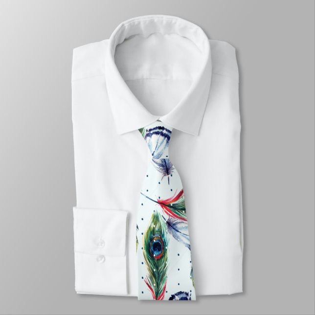 Colorful Boho Feathers & Polka-Dots Pattern Tie (Tied)