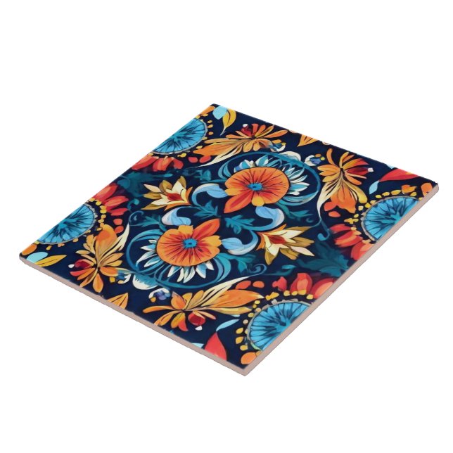 Colorful Boho Floral Elegance: Vibrant Mandala Ceramic Tile (Side)