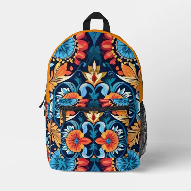 Colorful Boho Floral Elegance: Vibrant Mandala Printed Backpack (Front)
