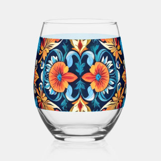 Colorful Boho Floral Elegance: Vibrant Mandala Stemless Wine Glass