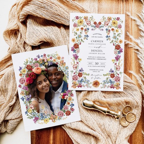 Colorful Boho Floral Garden Photo Wedding Invitation