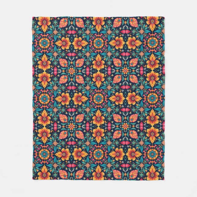 Colorful Boho Floral Pattern Elegant Symmetry Fleece Blanket (Front)