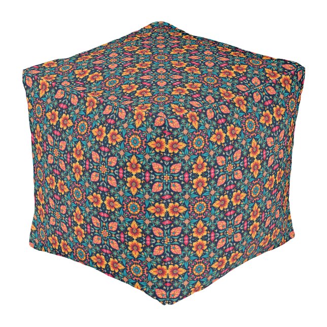 Colorful Boho Floral Pattern Elegant Symmetry Pouf (Angled Back)